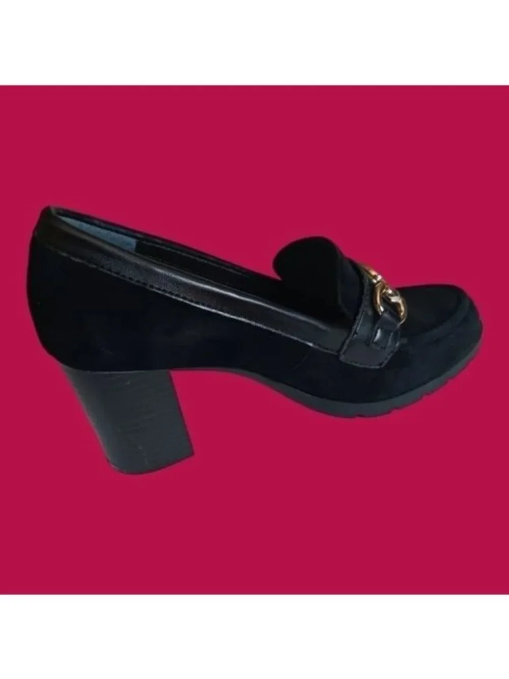 Giani Bernini Women’s Suede Loafer Pumps Gold Horsebit Block Heel Black Size 5M